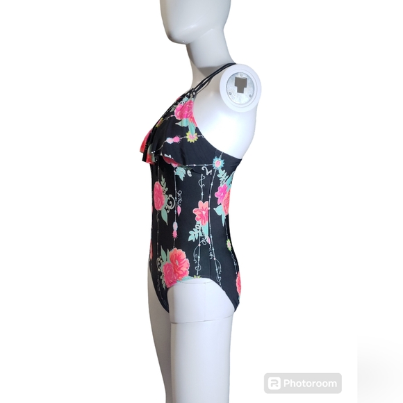 Beautiful Floral Bikini One-Piece Swim  🏊‍♂️ Black & Pink Women's Sz L (10,12) - Picture 3 of 14